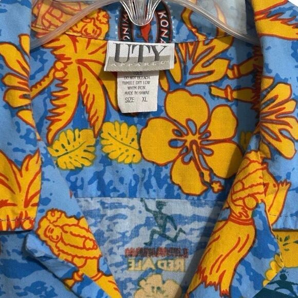 Vtg 90s UTY Apparel Hawaiian Shirt Mens XL Blue Yellow Button Front Short Sleeve - Picture 4 of 14